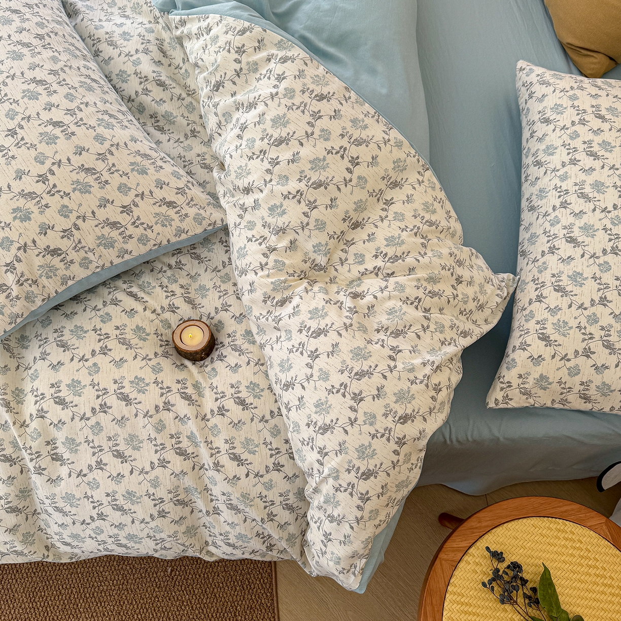 91家纺网 家纺一手货源 找家纺 竹合家纺 2026春夏新品色织棉麻棉纱系列皱皱纱四件套 洛可花影