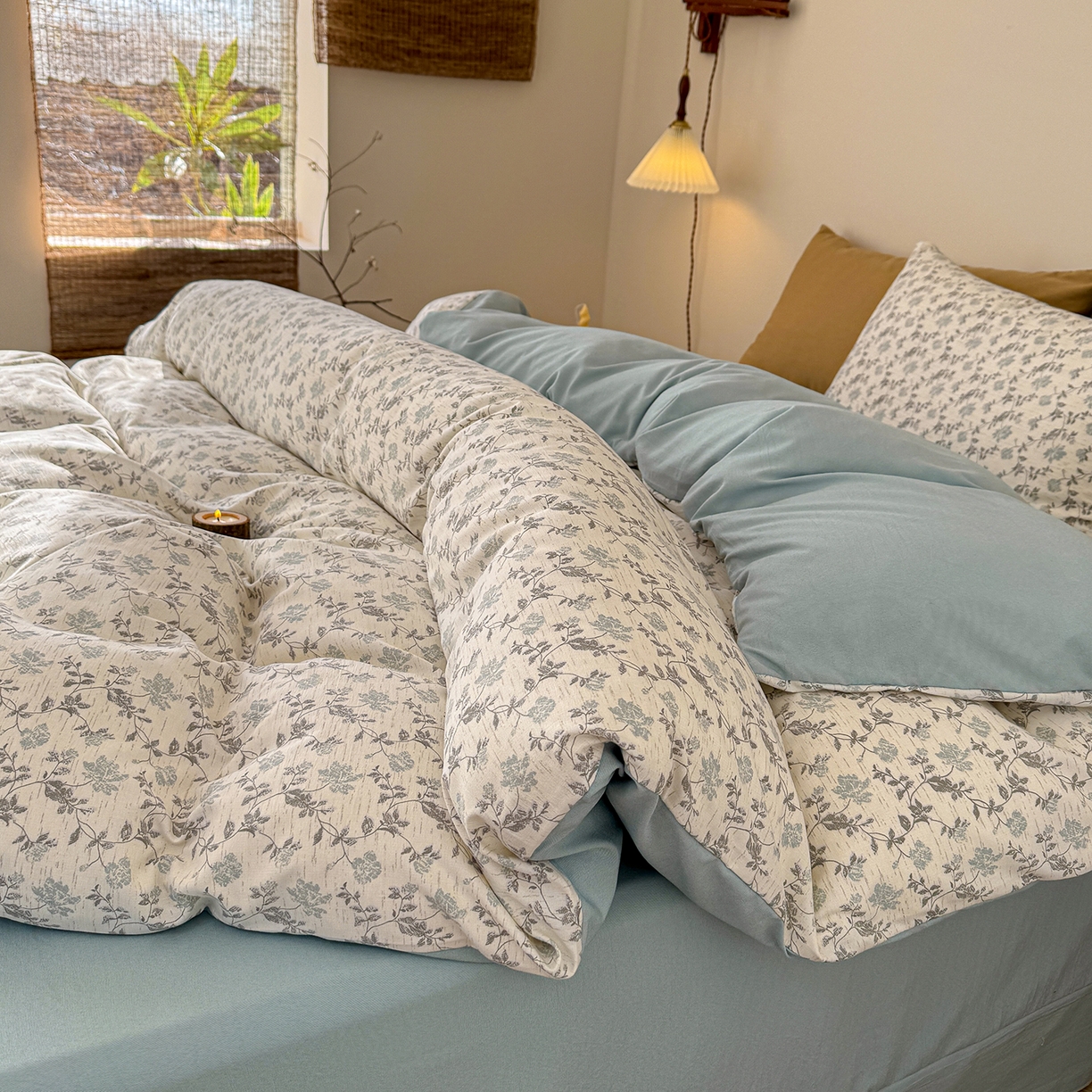 91家纺网 家纺一手货源 找家纺 竹合家纺 2026春夏新品色织棉麻棉纱系列皱皱纱四件套 洛可花影