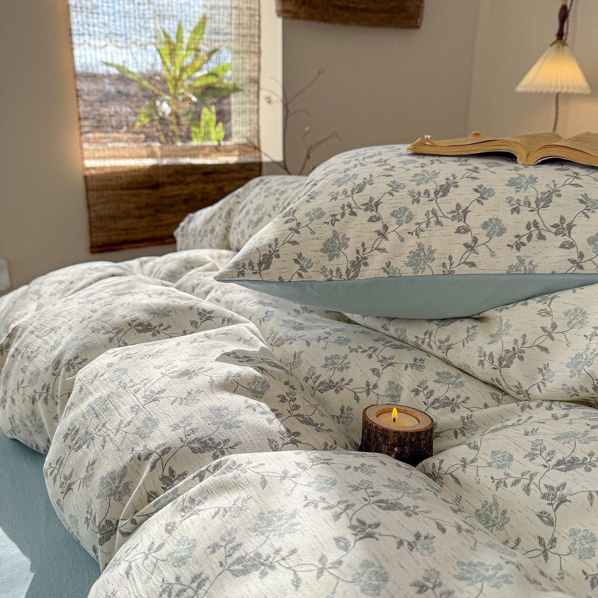 91家纺网 家纺一手货源 找家纺 竹合家纺 2026春夏新品色织棉麻棉纱系列皱皱纱四件套 洛可花影