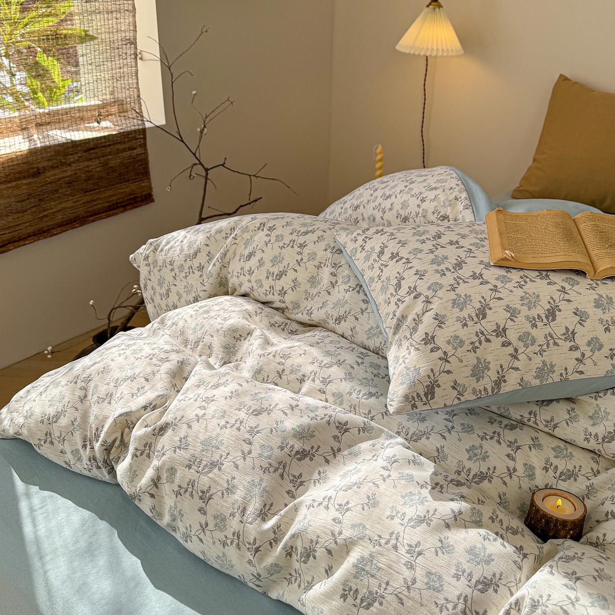 91家纺网 家纺一手货源 找家纺 竹合家纺 2026春夏新品色织棉麻棉纱系列皱皱纱四件套 洛可花影