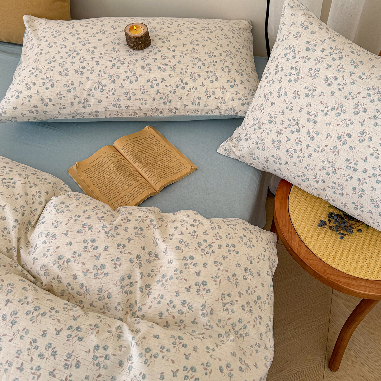 91家纺网 家纺一手货源 找家纺 竹合家纺 2026春夏新品色织棉麻棉纱系列皱皱纱四件套 小兰花