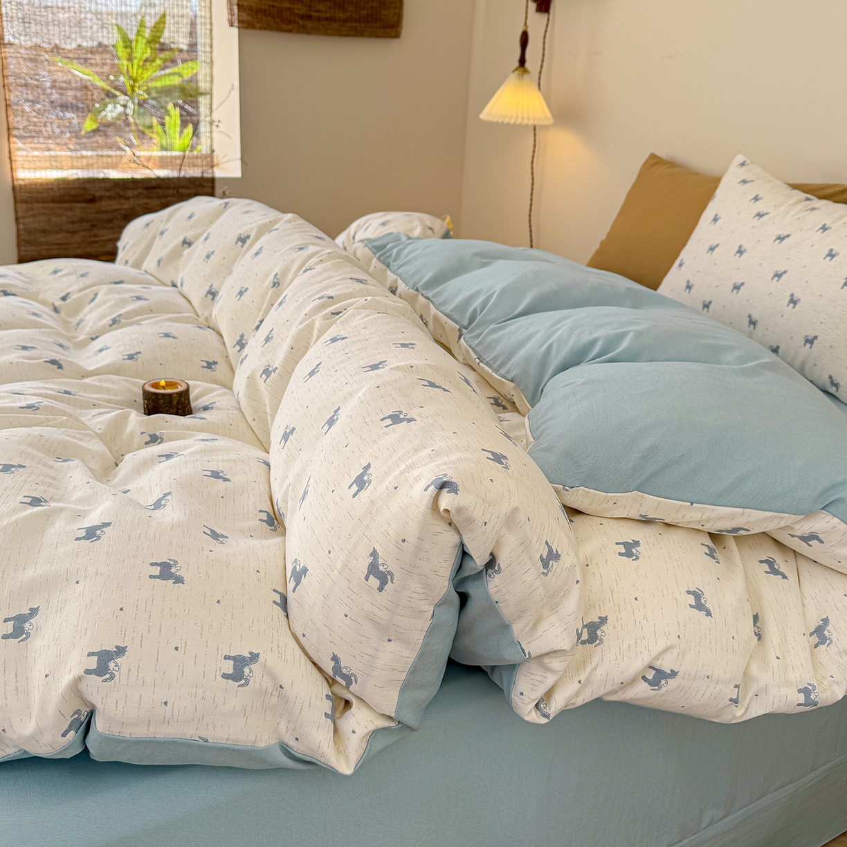 91家纺网 家纺一手货源 找家纺 竹合家纺 2026春夏新品色织棉麻棉纱系列皱皱纱四件套 小飞马蓝