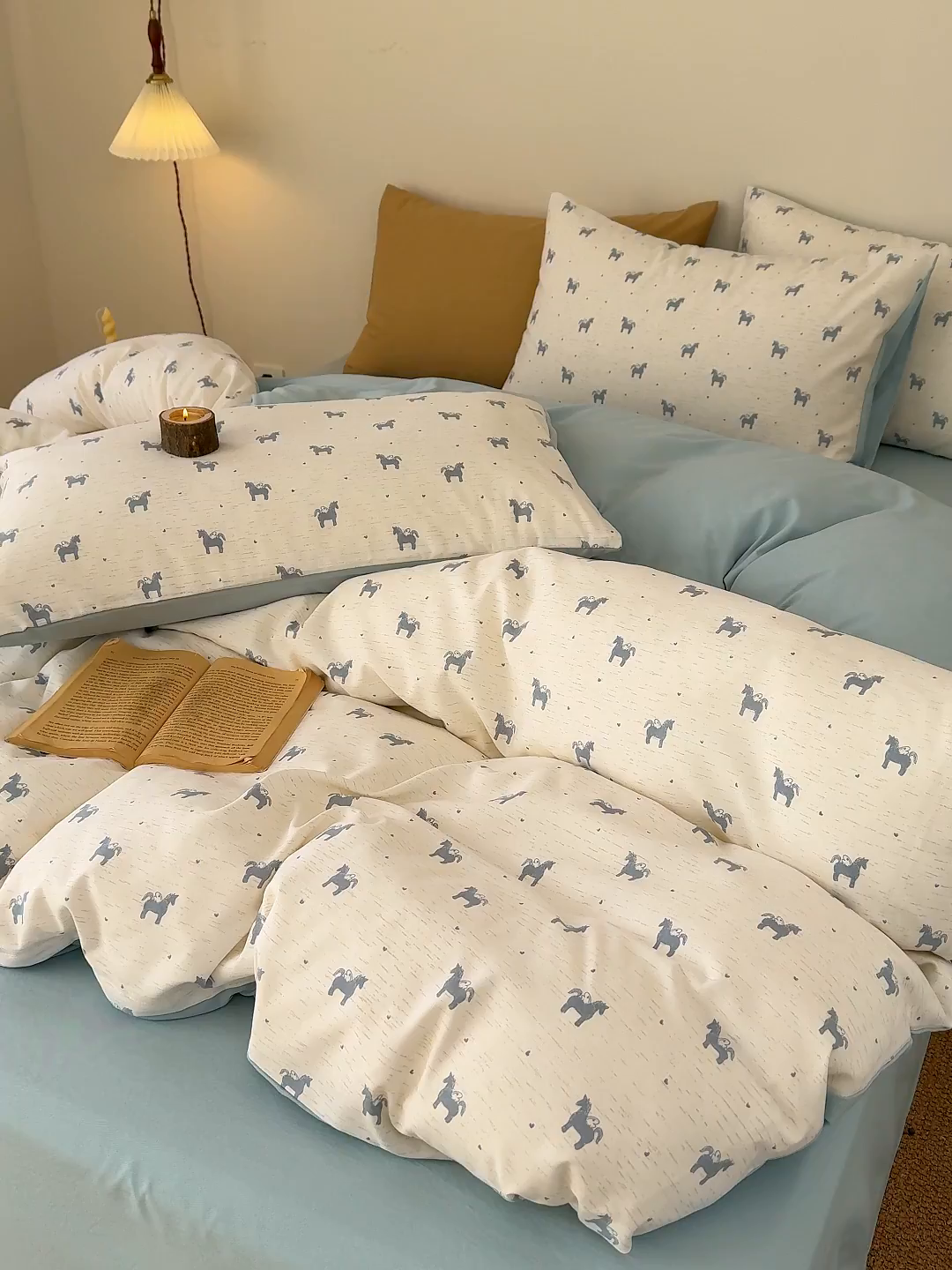 91家纺网 家纺一手货源 找家纺 竹合家纺 2026春夏新品色织棉麻棉纱系列皱皱纱四件套 小飞马蓝