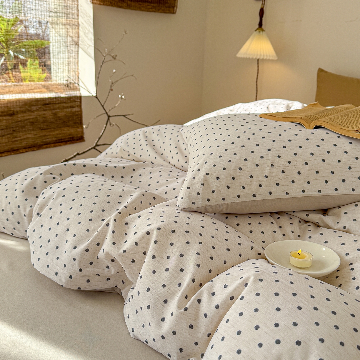 91家纺网 家纺一手货源 找家纺 竹合家纺 2026春夏新品色织棉麻棉纱系列皱皱纱四件套 清新波点