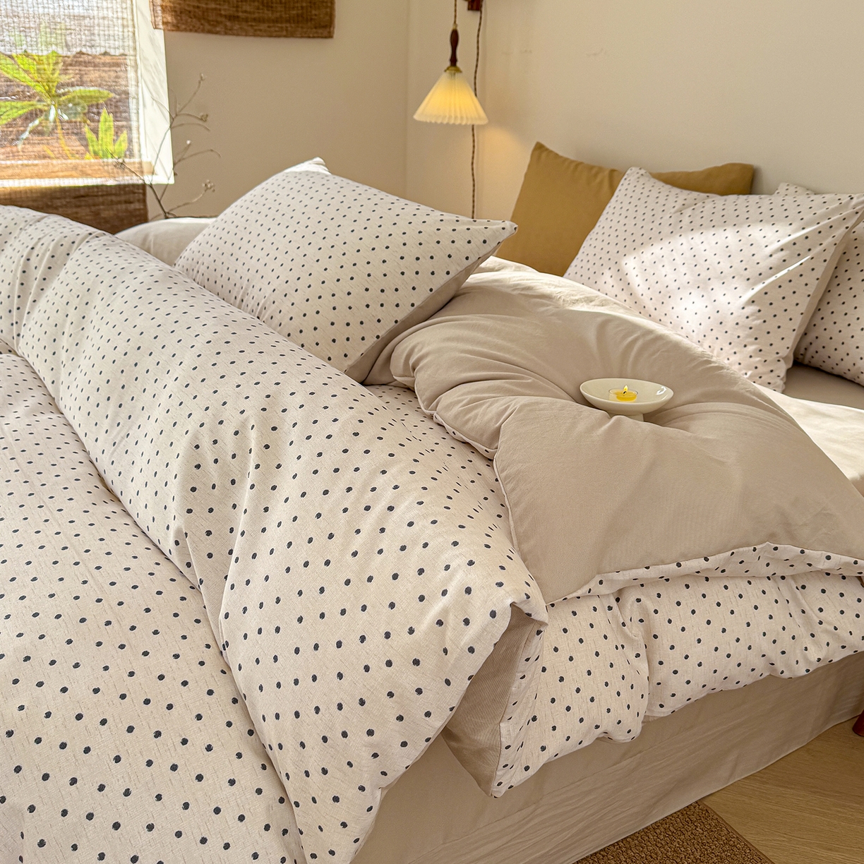 91家纺网 家纺一手货源 找家纺 竹合家纺 2026春夏新品色织棉麻棉纱系列皱皱纱四件套 清新波点