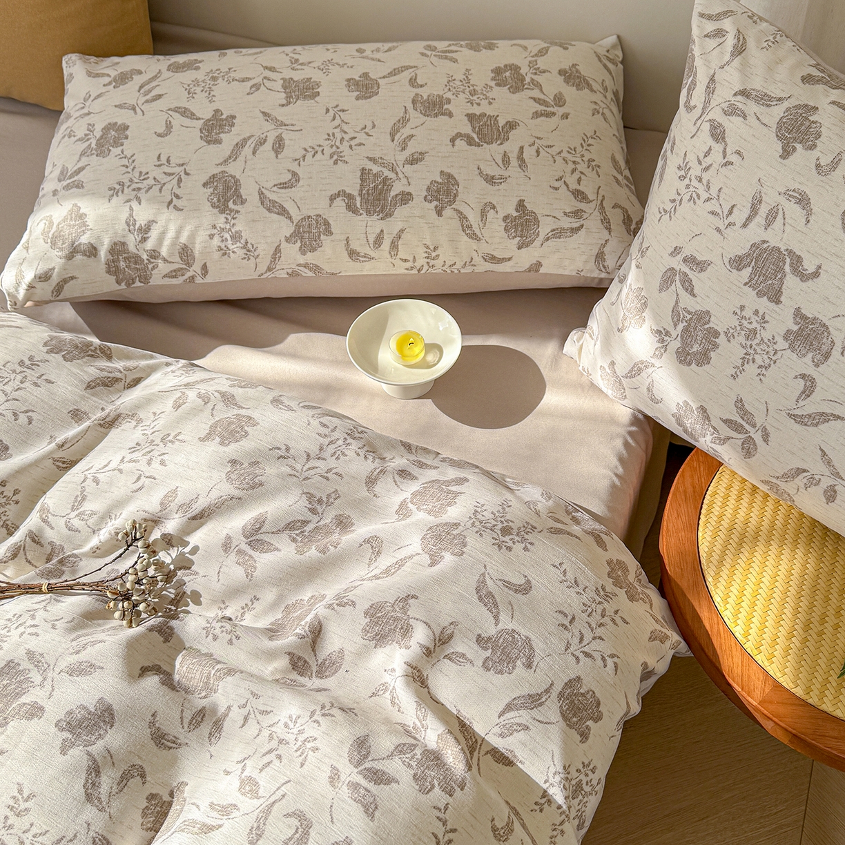 91家纺网 家纺一手货源 找家纺 竹合家纺 2026春夏新品色织棉麻棉纱系列皱皱纱四件套 素简