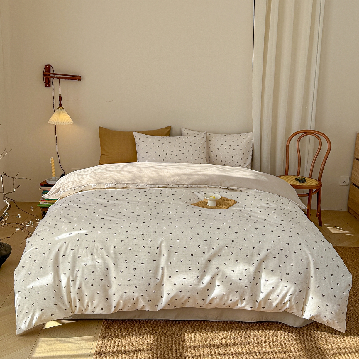 91家纺网 家纺一手货源 找家纺 竹合家纺 2026春夏新品色织棉麻棉纱系列皱皱纱四件套 小心心