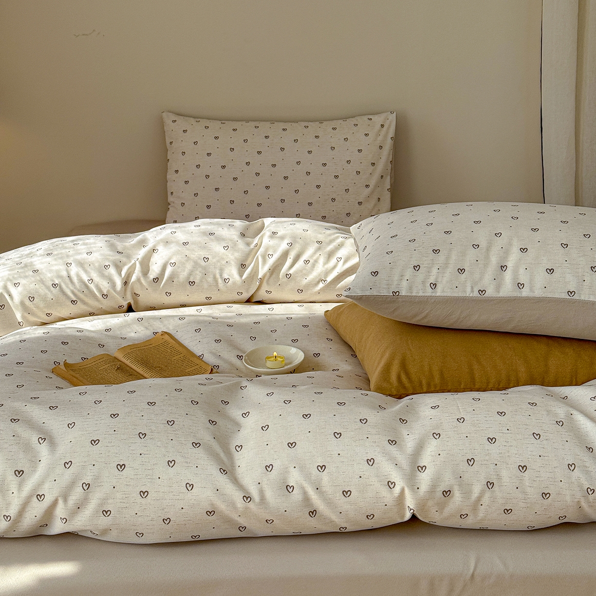 91家纺网 家纺一手货源 找家纺 竹合家纺 2026春夏新品色织棉麻棉纱系列皱皱纱四件套 小心心