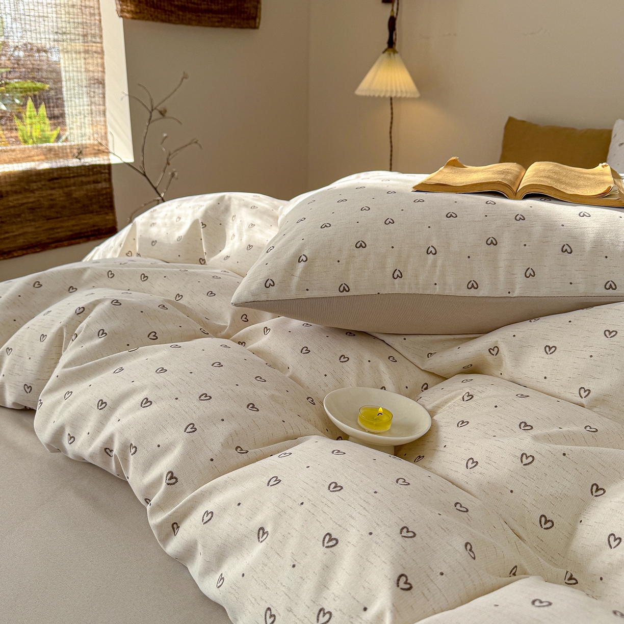 91家纺网 家纺一手货源 找家纺 竹合家纺 2026春夏新品色织棉麻棉纱系列皱皱纱四件套 小心心