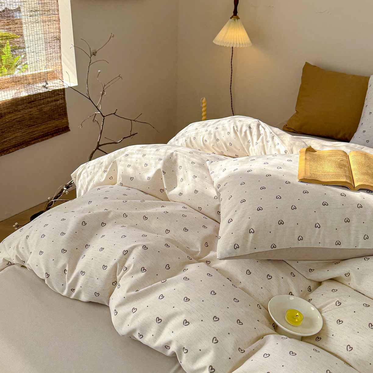 91家纺网 家纺一手货源 找家纺 竹合家纺 2026春夏新品色织棉麻棉纱系列皱皱纱四件套 小心心