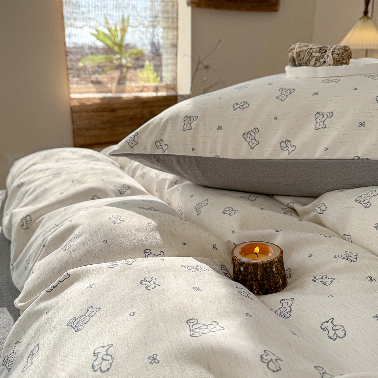 91家纺网 家纺一手货源 找家纺 竹合家纺 2026春夏新品色织棉麻棉纱系列皱皱纱四件套 熊熊乐园