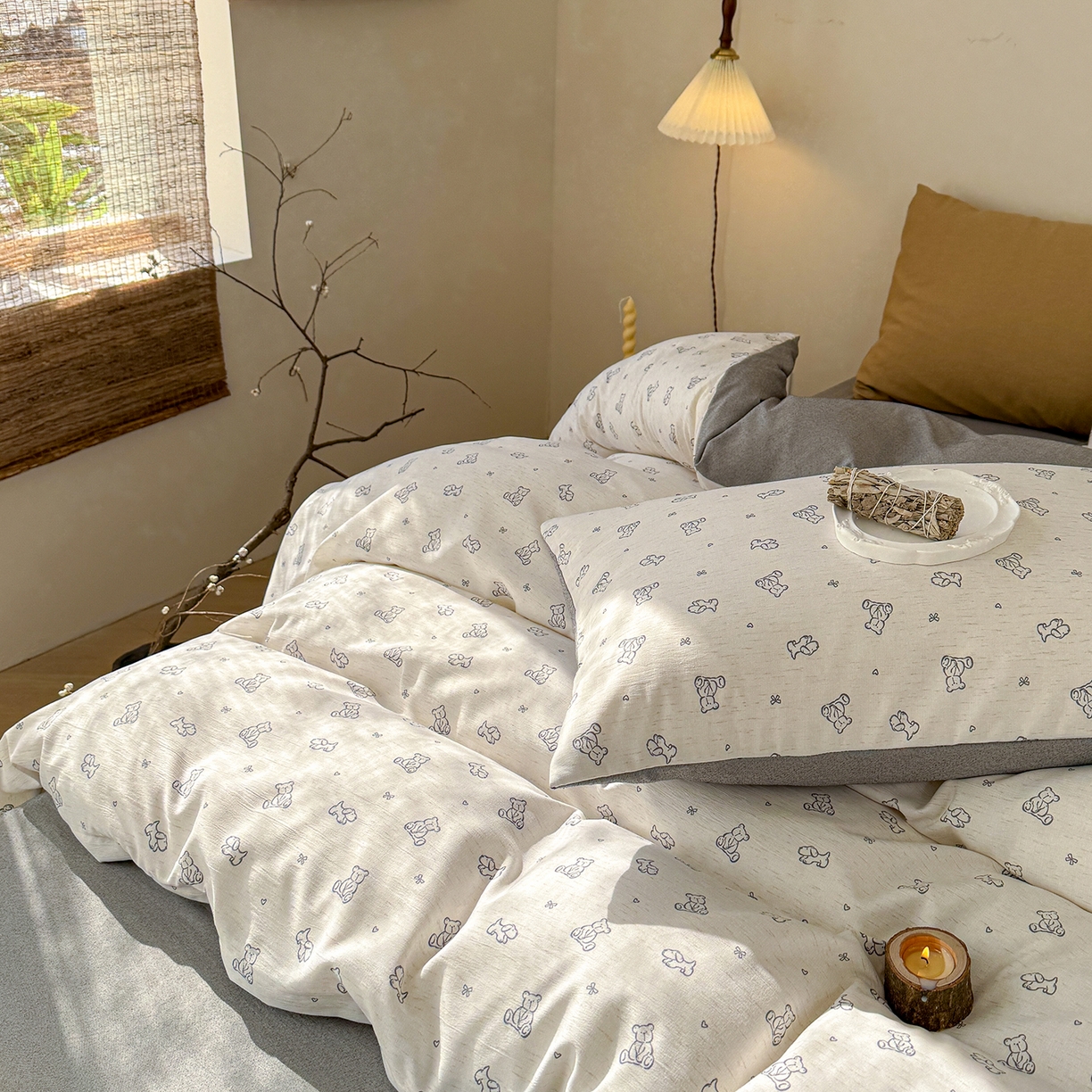 91家纺网 家纺一手货源 找家纺 竹合家纺 2026春夏新品色织棉麻棉纱系列皱皱纱四件套 熊熊乐园