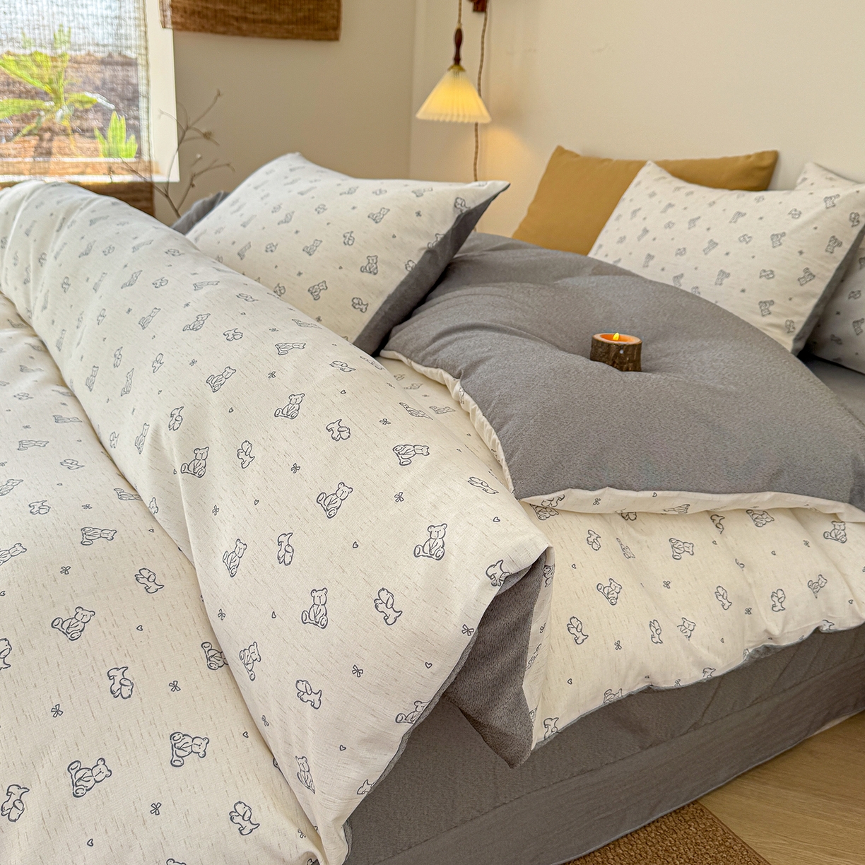 91家纺网 家纺一手货源 找家纺 竹合家纺 2026春夏新品色织棉麻棉纱系列皱皱纱四件套 熊熊乐园