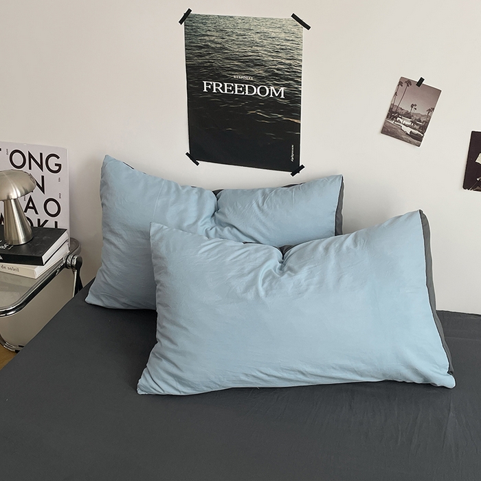 91家纺网 家纺一手货源 找家纺 卡斯诺家纺馆 2026新款水洗棉纯色双拼四件套（下载文件包含买家秀） 雾蓝深灰