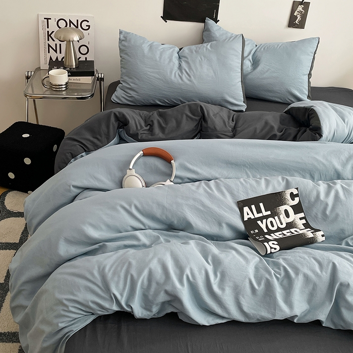 91家纺网 家纺一手货源 找家纺 卡斯诺家纺馆 2026新款水洗棉纯色双拼四件套（下载文件包含买家秀） 雾蓝深灰