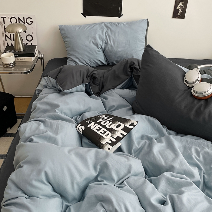 91家纺网 家纺一手货源 找家纺 卡斯诺家纺馆 2026新款水洗棉纯色双拼四件套（下载文件包含买家秀） 雾蓝深灰