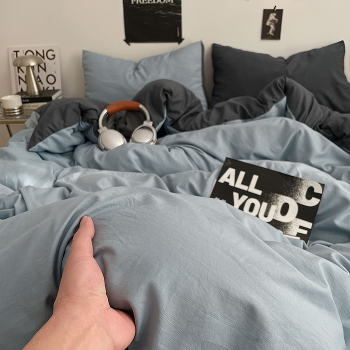 91家纺网 家纺一手货源 找家纺 卡斯诺家纺馆 2026新款水洗棉纯色双拼四件套（下载文件包含买家秀） 雾蓝深灰