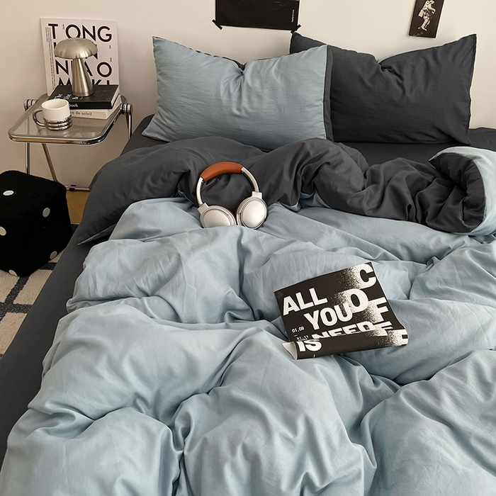 91家纺网 家纺一手货源 找家纺 卡斯诺家纺馆 2026新款水洗棉纯色双拼四件套（下载文件包含买家秀） 雾蓝深灰