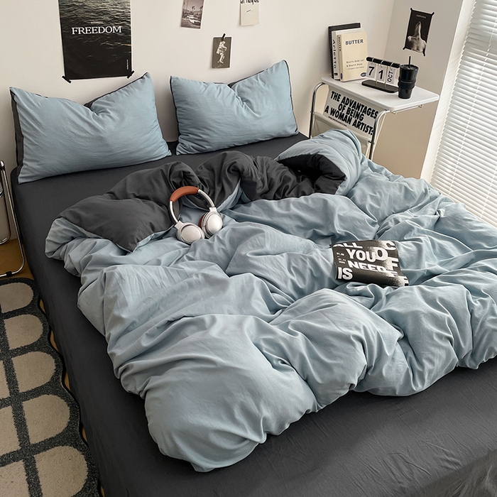 91家纺网 家纺一手货源 找家纺 卡斯诺家纺馆 2026新款水洗棉纯色双拼四件套（下载文件包含买家秀） 雾蓝深灰