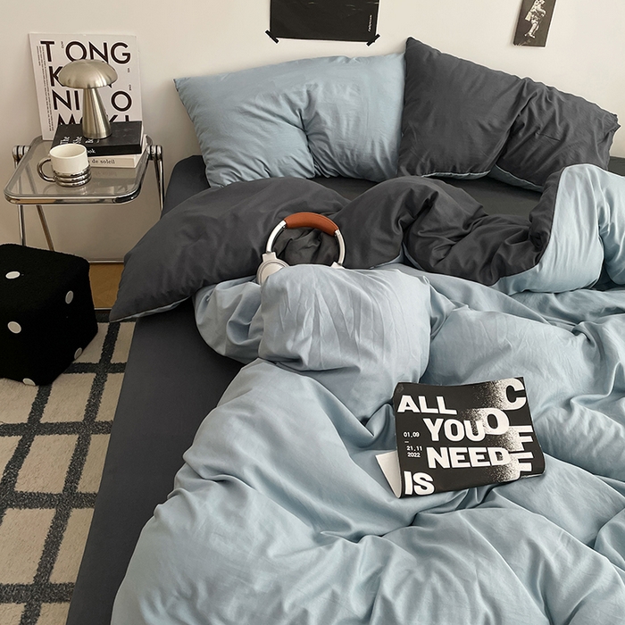 91家纺网 家纺一手货源 找家纺 卡斯诺家纺馆 2026新款水洗棉纯色双拼四件套（下载文件包含买家秀） 雾蓝深灰