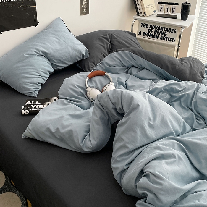 91家纺网 家纺一手货源 找家纺 卡斯诺家纺馆 2026新款水洗棉纯色双拼四件套（下载文件包含买家秀） 雾蓝深灰