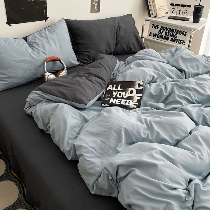 91家纺网 家纺一手货源 找家纺 卡斯诺家纺馆 2026新款水洗棉纯色双拼四件套（下载文件包含买家秀） 雾蓝深灰