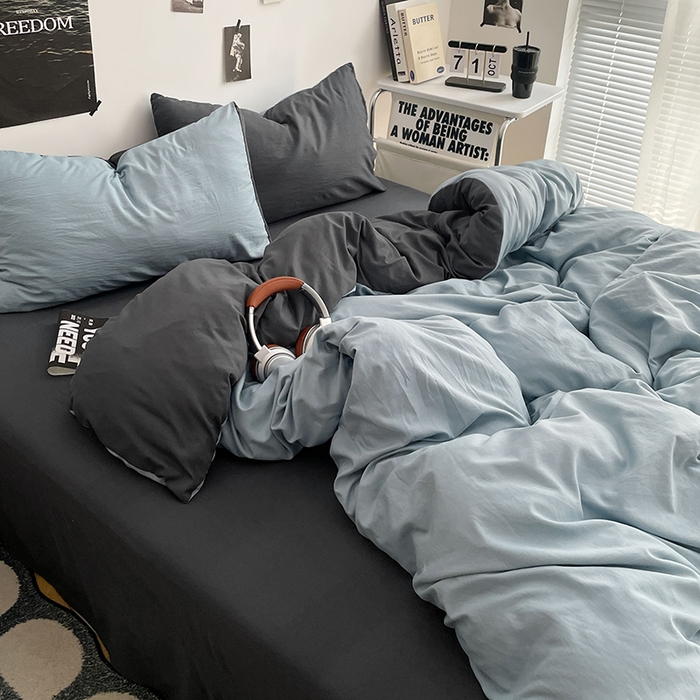 91家纺网 家纺一手货源 找家纺 卡斯诺家纺馆 2026新款水洗棉纯色双拼四件套（下载文件包含买家秀） 雾蓝深灰