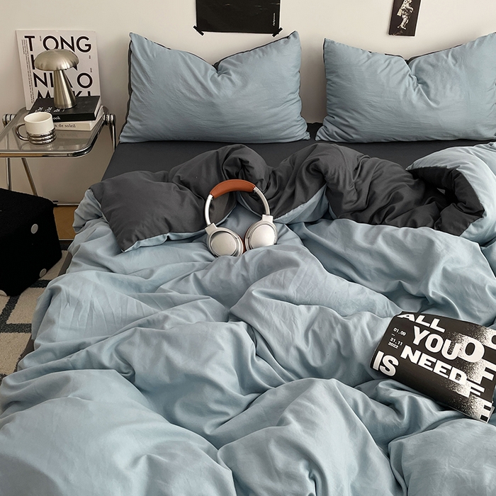 91家纺网 家纺一手货源 找家纺 卡斯诺家纺馆 2026新款水洗棉纯色双拼四件套（下载文件包含买家秀） 雾蓝深灰