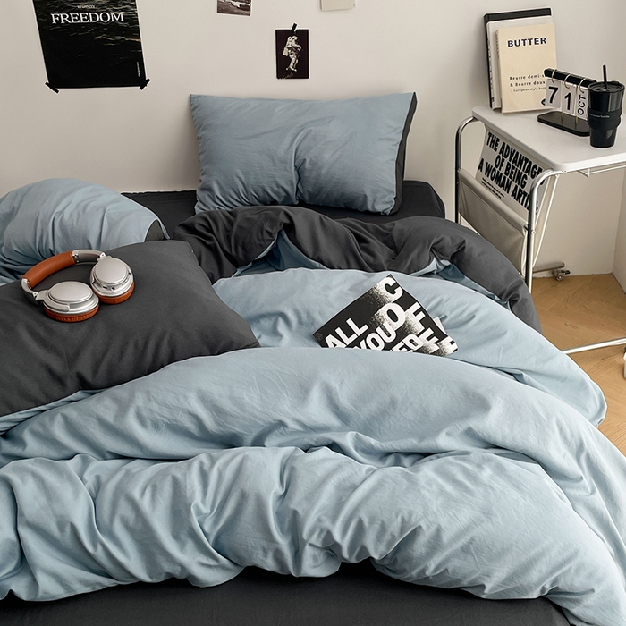 91家纺网 家纺一手货源 找家纺 卡斯诺家纺馆 2026新款水洗棉纯色双拼四件套（下载文件包含买家秀） 雾蓝深灰