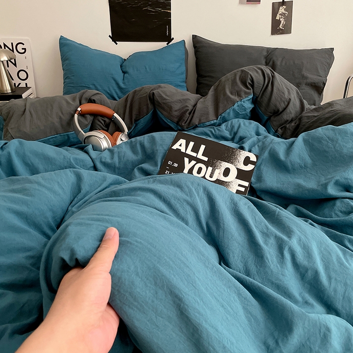 91家纺网 家纺一手货源 找家纺 卡斯诺家纺馆 2026新款水洗棉纯色双拼四件套（下载文件包含买家秀） 宝兰深灰