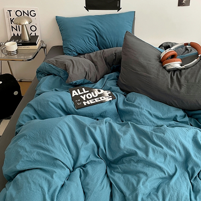 91家纺网 家纺一手货源 找家纺 卡斯诺家纺馆 2026新款水洗棉纯色双拼四件套（下载文件包含买家秀） 宝兰深灰