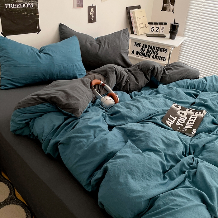 91家纺网 家纺一手货源 找家纺 卡斯诺家纺馆 2026新款水洗棉纯色双拼四件套（下载文件包含买家秀） 宝兰深灰