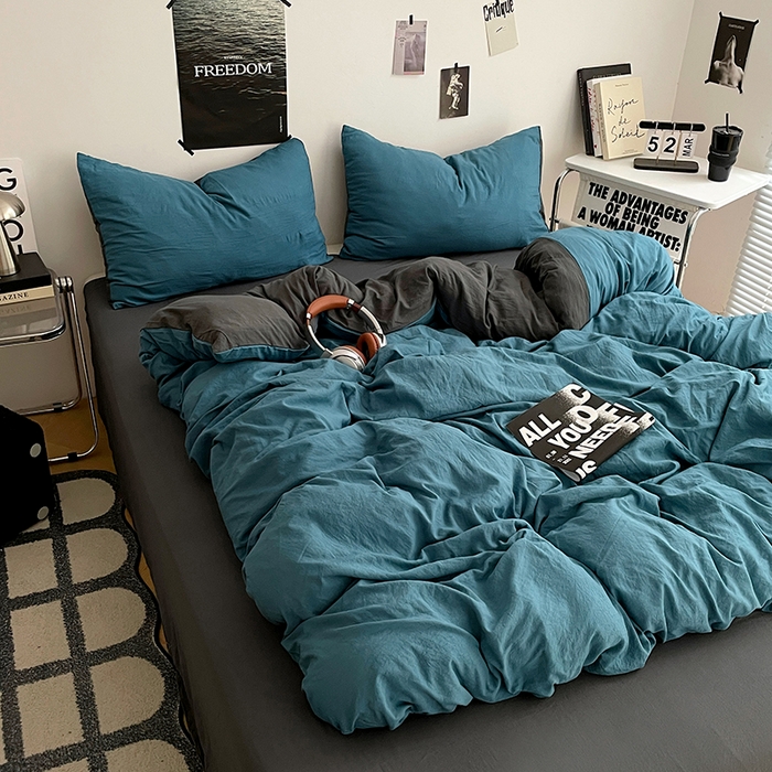 91家纺网 家纺一手货源 找家纺 卡斯诺家纺馆 2026新款水洗棉纯色双拼四件套（下载文件包含买家秀） 宝兰深灰