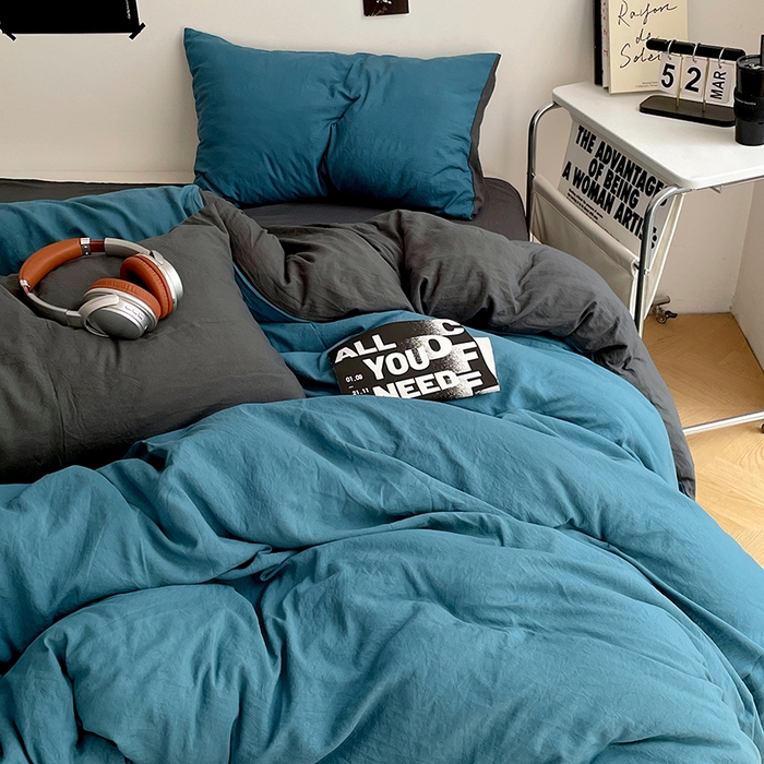 91家纺网 家纺一手货源 找家纺 卡斯诺家纺馆 2026新款水洗棉纯色双拼四件套（下载文件包含买家秀） 宝兰深灰