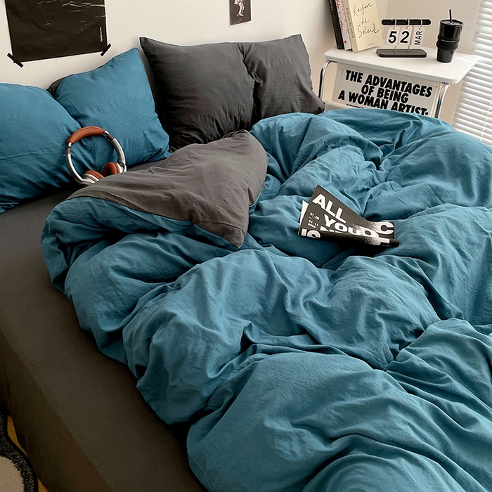 91家纺网 家纺一手货源 找家纺 卡斯诺家纺馆 2026新款水洗棉纯色双拼四件套（下载文件包含买家秀） 宝兰深灰