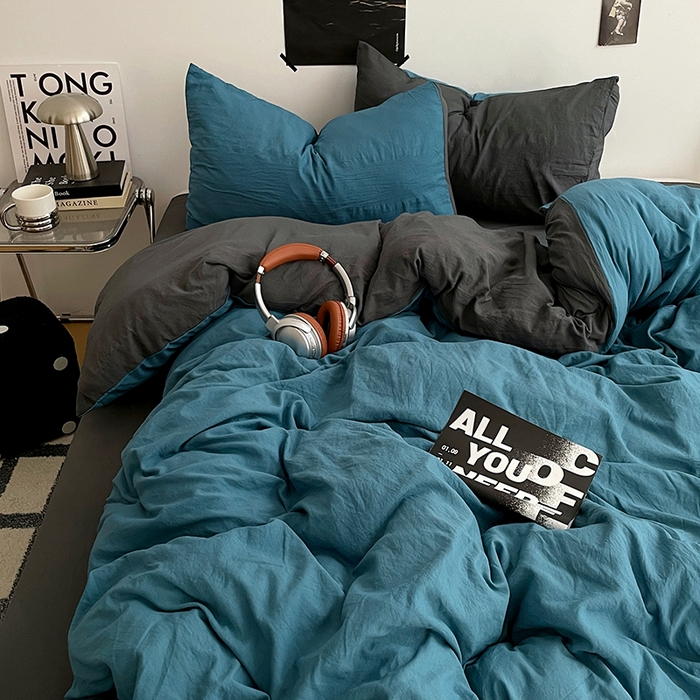 91家纺网 家纺一手货源 找家纺 卡斯诺家纺馆 2026新款水洗棉纯色双拼四件套（下载文件包含买家秀） 宝兰深灰