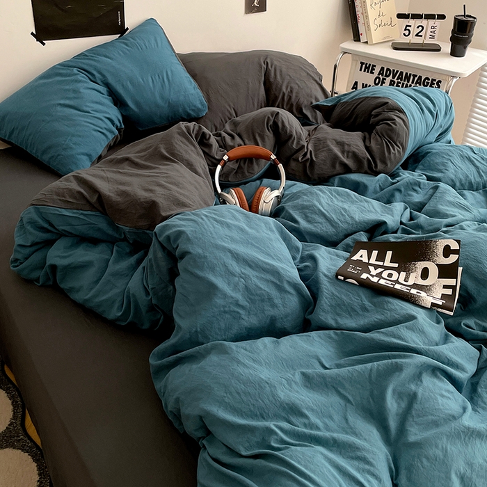 91家纺网 家纺一手货源 找家纺 卡斯诺家纺馆 2026新款水洗棉纯色双拼四件套（下载文件包含买家秀） 宝兰深灰