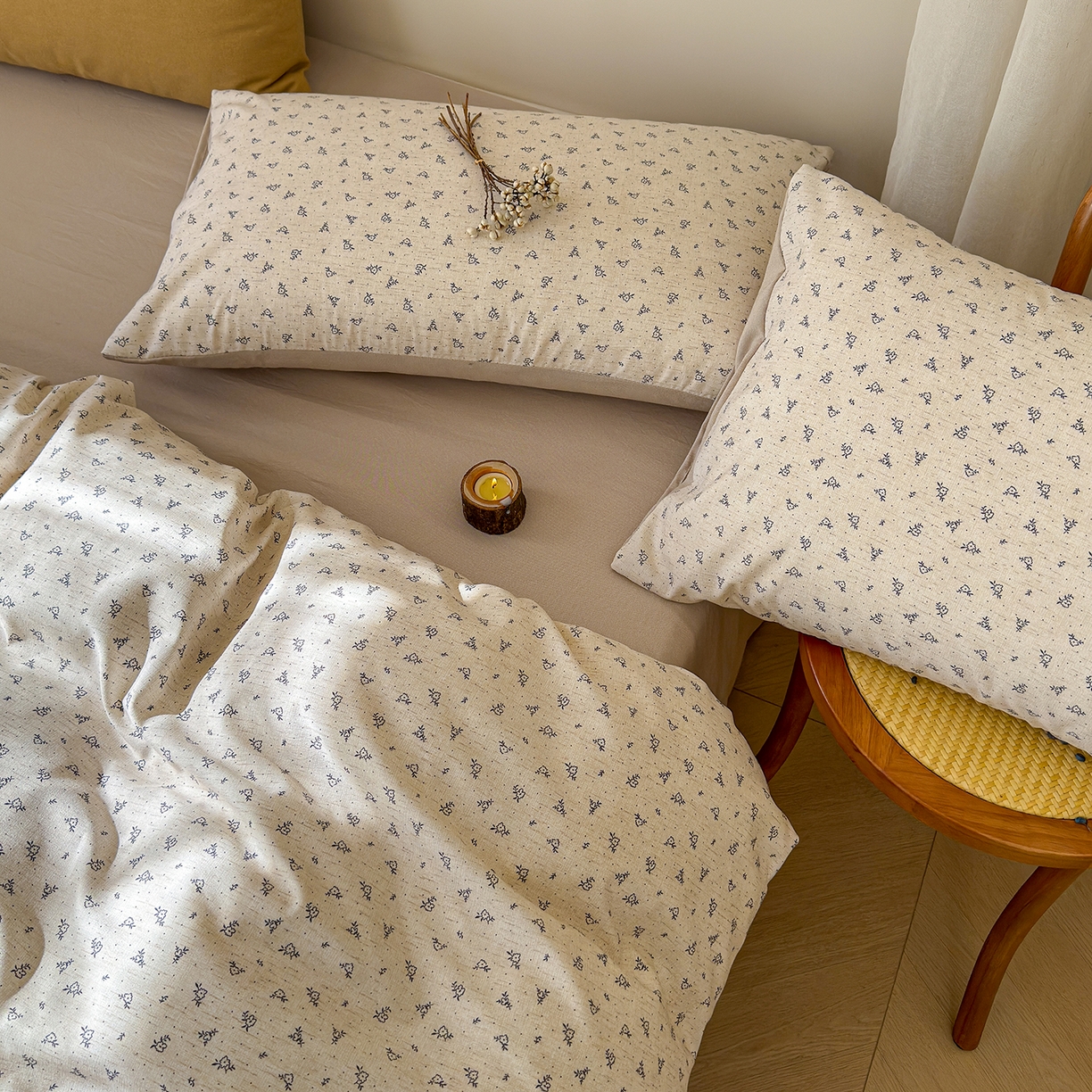 91家纺网 家纺一手货源 找家纺 竹合家纺 2026春夏新品色织棉麻棉纱系列皱皱纱四件套 素雅小花