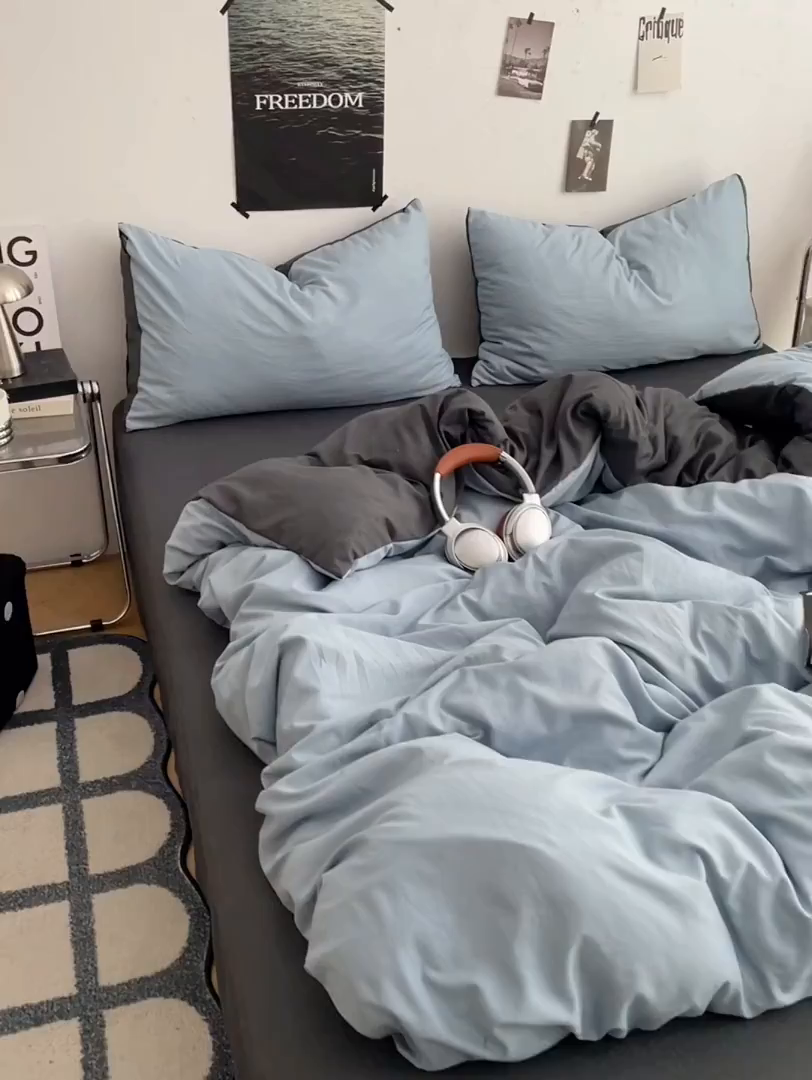 91家纺网 家纺一手货源 找家纺 卡斯诺家纺馆 2026新款水洗棉纯色双拼四件套（下载文件包含买家秀） 雾蓝深灰