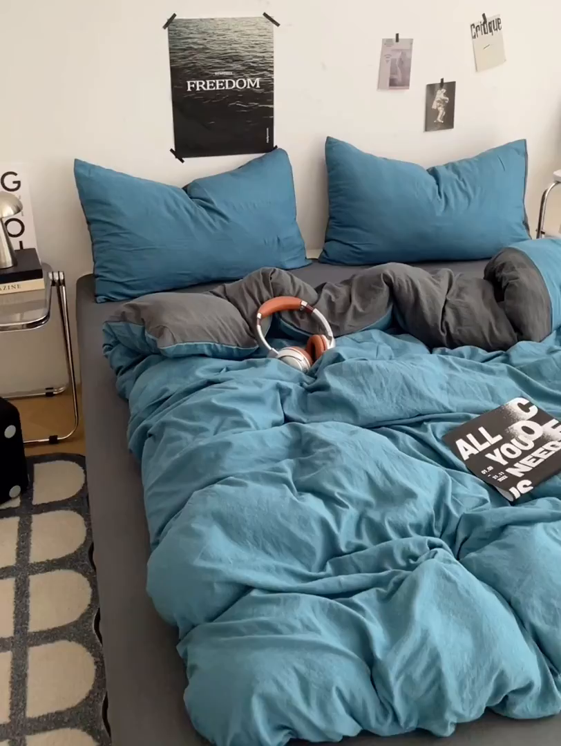 91家纺网 家纺一手货源 找家纺 卡斯诺家纺馆 2026新款水洗棉纯色双拼四件套（下载文件包含买家秀） 宝兰深灰