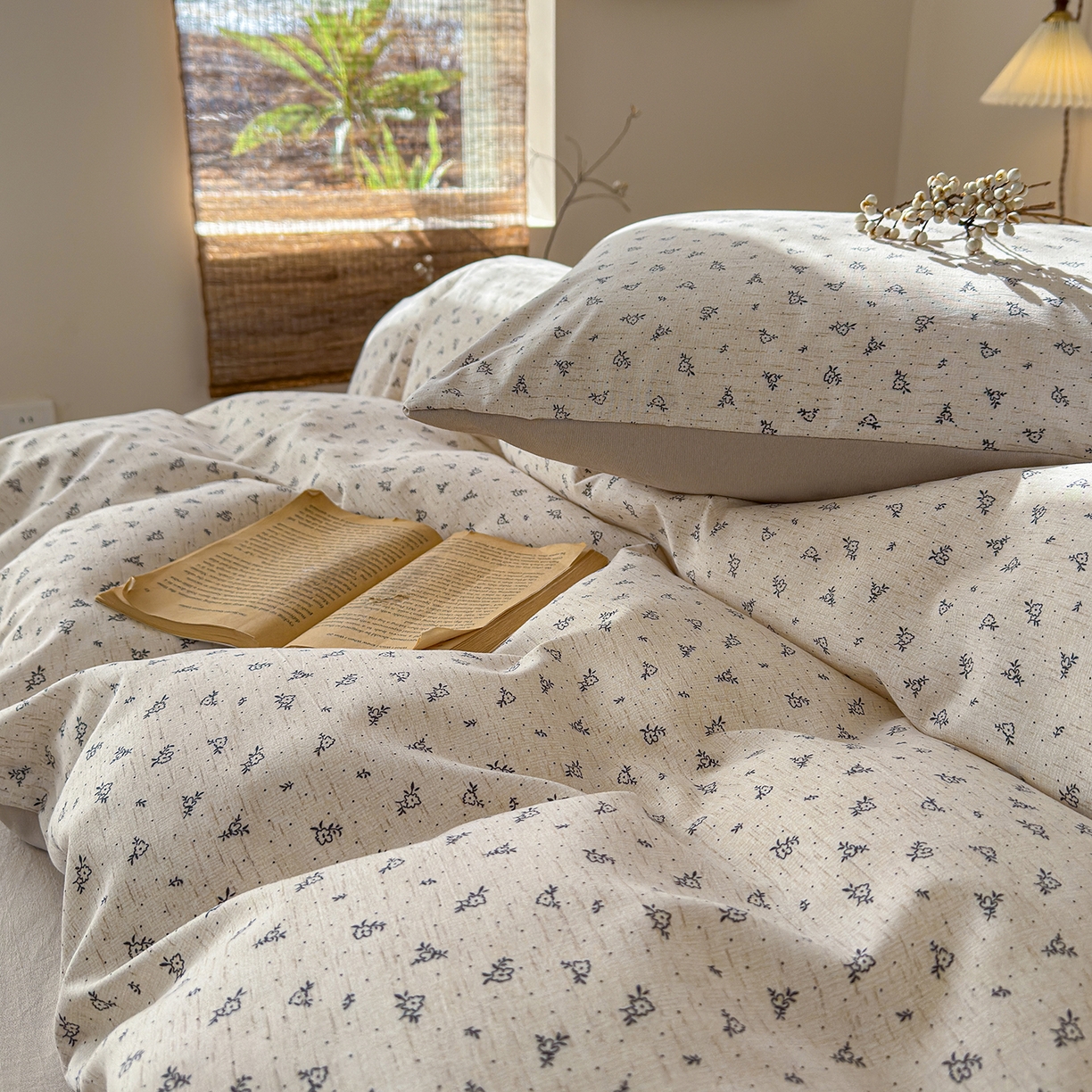 91家纺网 家纺一手货源 找家纺 竹合家纺 2026春夏新品色织棉麻棉纱系列皱皱纱四件套 素雅小花