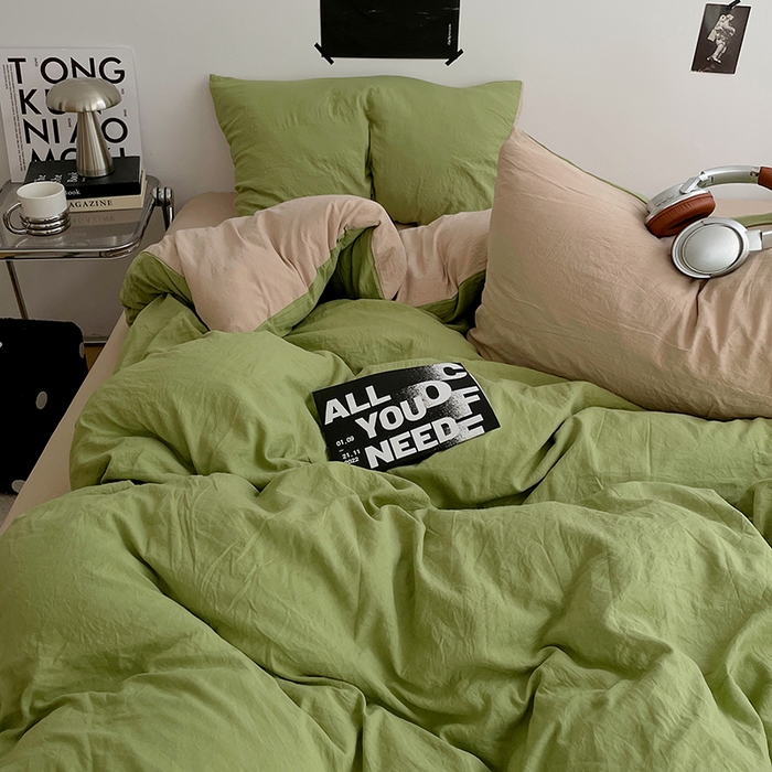 91家纺网 家纺一手货源 找家纺 卡斯诺家纺馆 2026新款水洗棉纯色双拼四件套（下载文件包含买家秀） 茶绿卡其