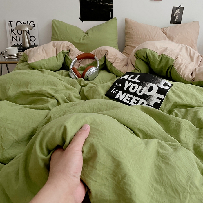 91家纺网 家纺一手货源 找家纺 卡斯诺家纺馆 2026新款水洗棉纯色双拼四件套（下载文件包含买家秀） 茶绿卡其