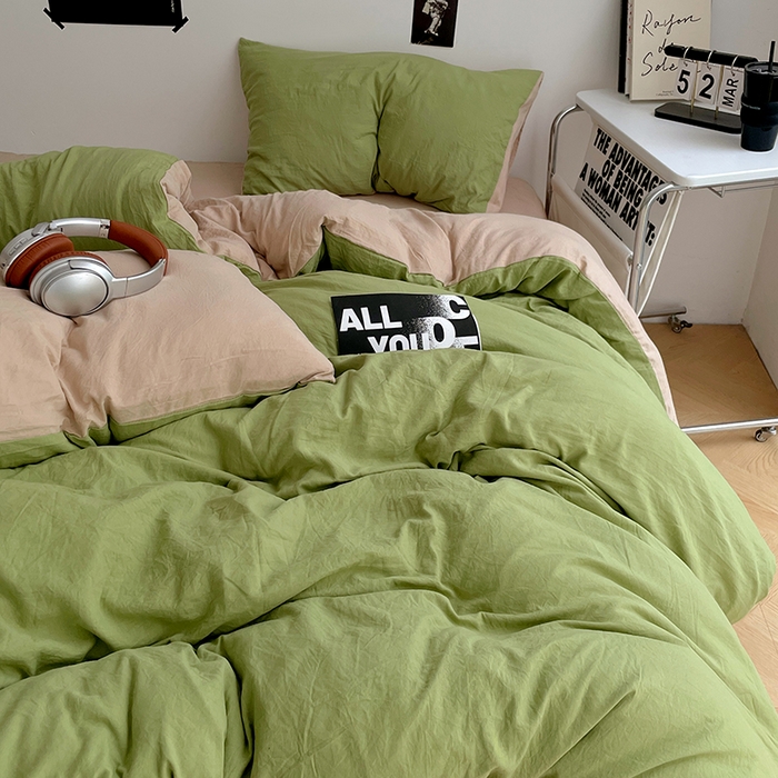 91家纺网 家纺一手货源 找家纺 卡斯诺家纺馆 2026新款水洗棉纯色双拼四件套（下载文件包含买家秀） 茶绿卡其