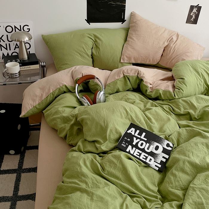 91家纺网 家纺一手货源 找家纺 卡斯诺家纺馆 2026新款水洗棉纯色双拼四件套（下载文件包含买家秀） 茶绿卡其