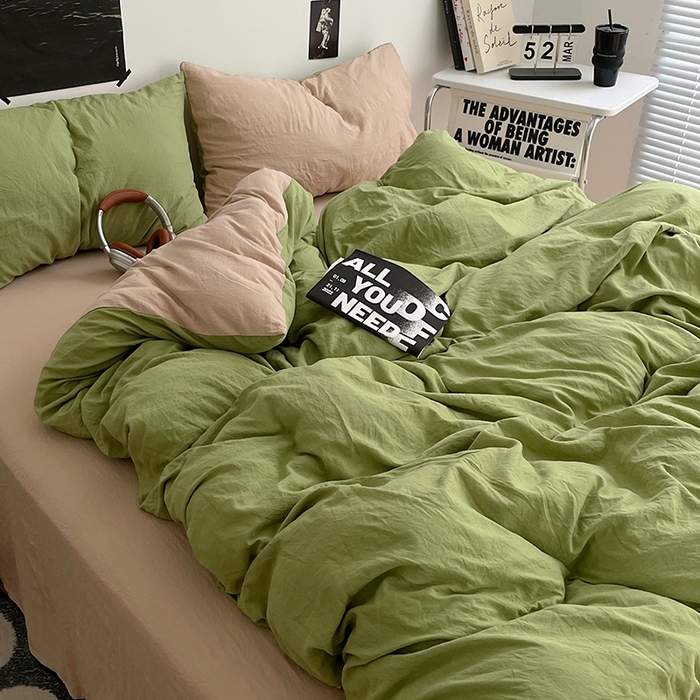 91家纺网 家纺一手货源 找家纺 卡斯诺家纺馆 2026新款水洗棉纯色双拼四件套（下载文件包含买家秀） 茶绿卡其