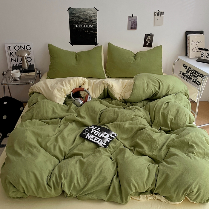 卡斯诺家纺馆 2026新款水洗棉纯色双拼四件套（下载文件包含买家秀） 茶绿奶黄