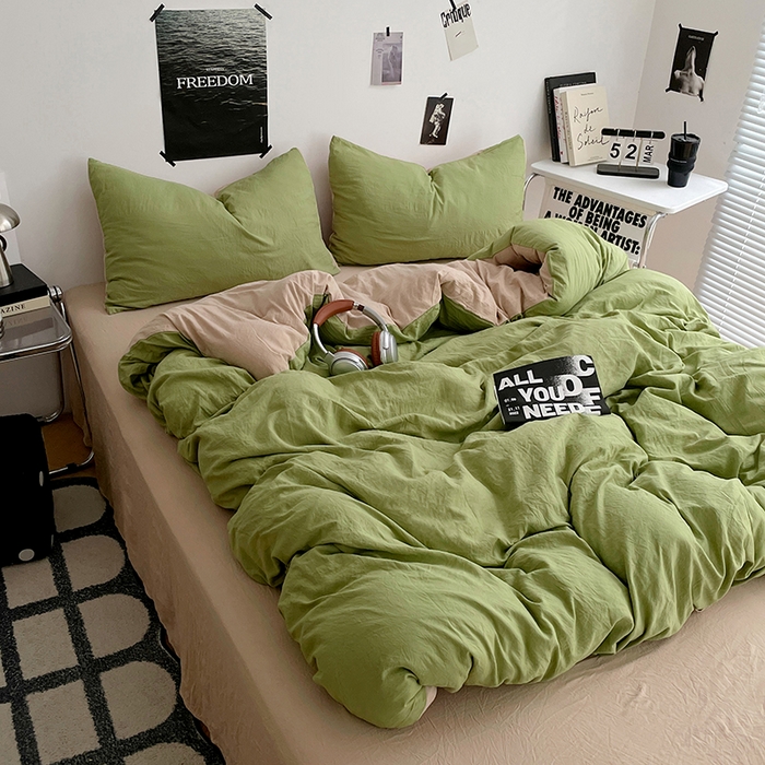 91家纺网 家纺一手货源 找家纺 卡斯诺家纺馆 2026新款水洗棉纯色双拼四件套（下载文件包含买家秀） 茶绿卡其