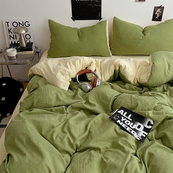 91家纺网 家纺一手货源 找家纺 卡斯诺家纺馆 2026新款水洗棉纯色双拼四件套（下载文件包含买家秀） 茶绿奶黄