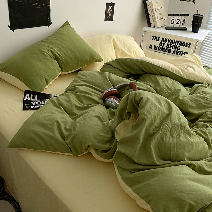 91家纺网 家纺一手货源 找家纺 卡斯诺家纺馆 2026新款水洗棉纯色双拼四件套（下载文件包含买家秀） 茶绿奶黄